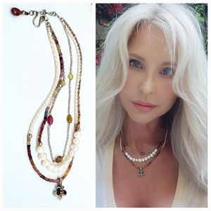 Multi Strand Pearls and Pink Garnet Necklace/Choker